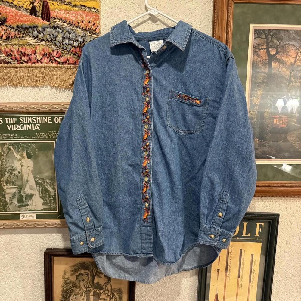 Vintage 90s Style Studio Denim Chambray Fall‎ Pumpkin Autumn Shirt Size Large